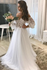 Long A-line Off-the-Shoulder White Wedding Dress with Lace